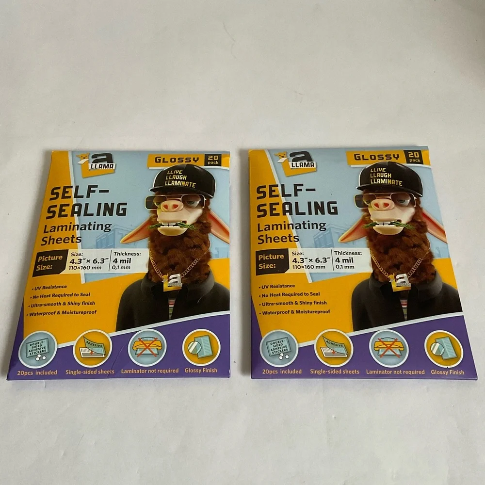 (2) Self Sealing Lamination Sheets 4.3”x 6.3” 4 Mil Thick Clear Glossy 20 Pack